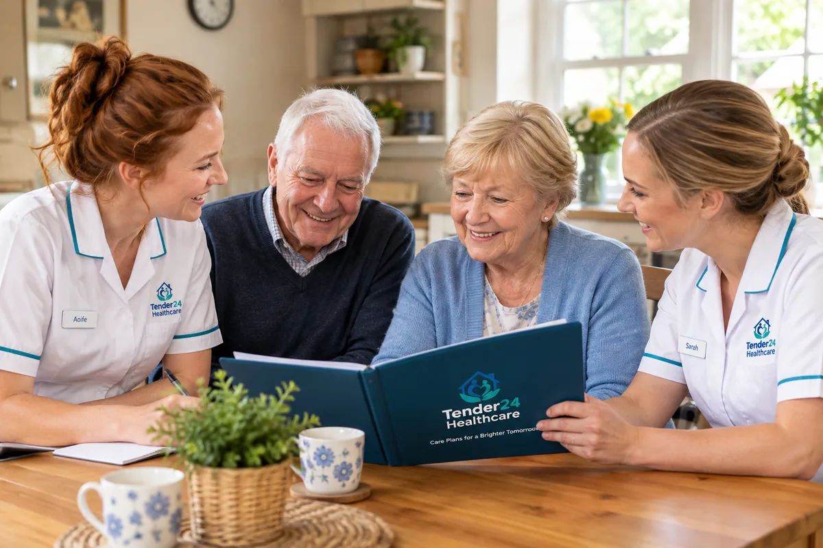 Two Tender24 Healthcare carers reviewing a care plan with an elderly couple at their kitchen table