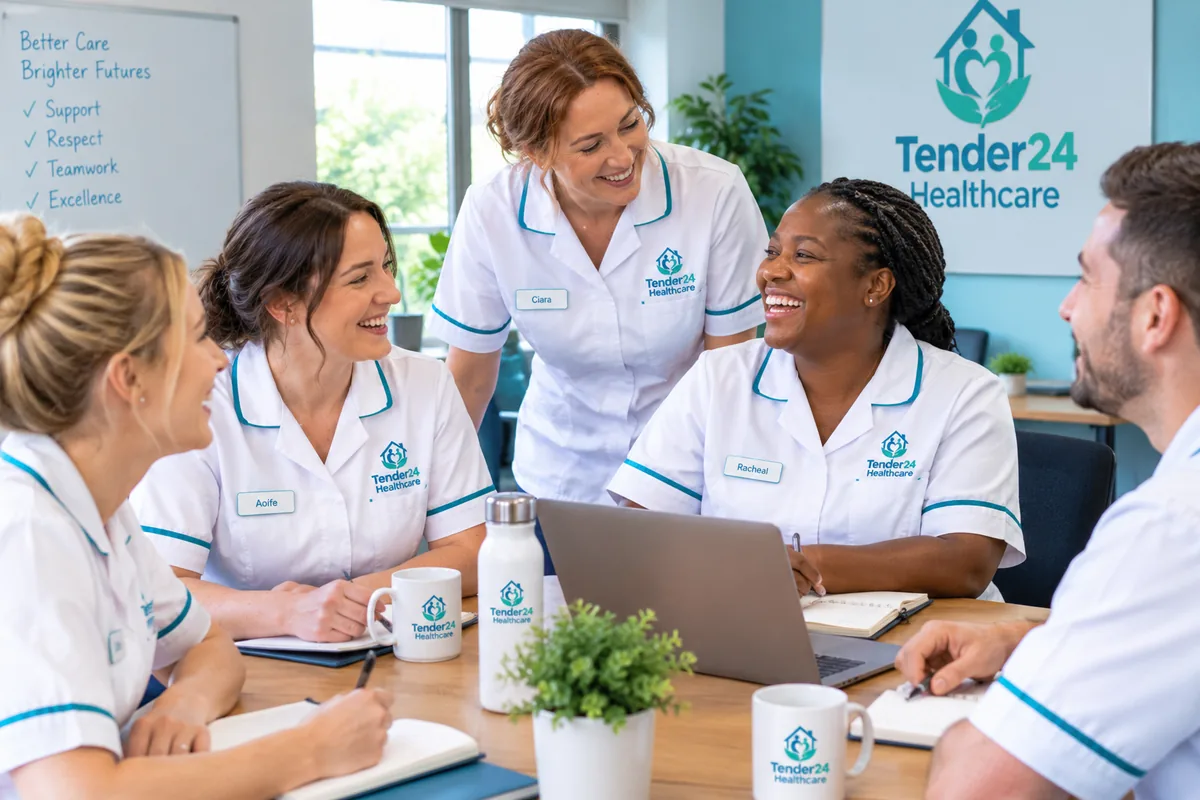 Tender24 Healthcare care team laughing together during a team meeting