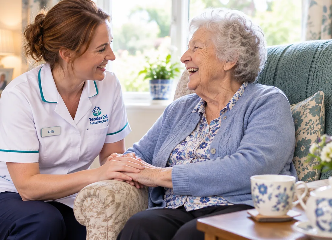 Carer sharing a happy moment with an elderly woman, companionship and home support