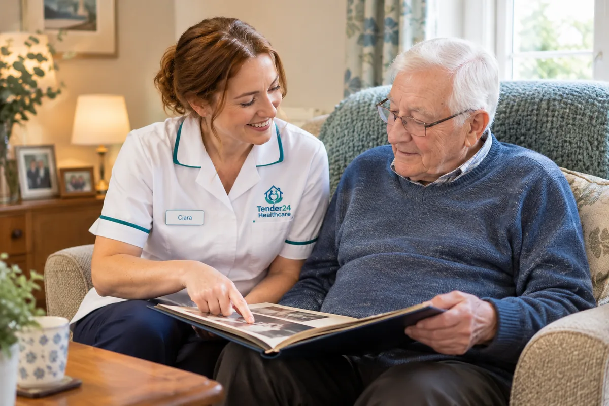 Carer looking through a photo album with an elderly man, specialist dementia and complex care