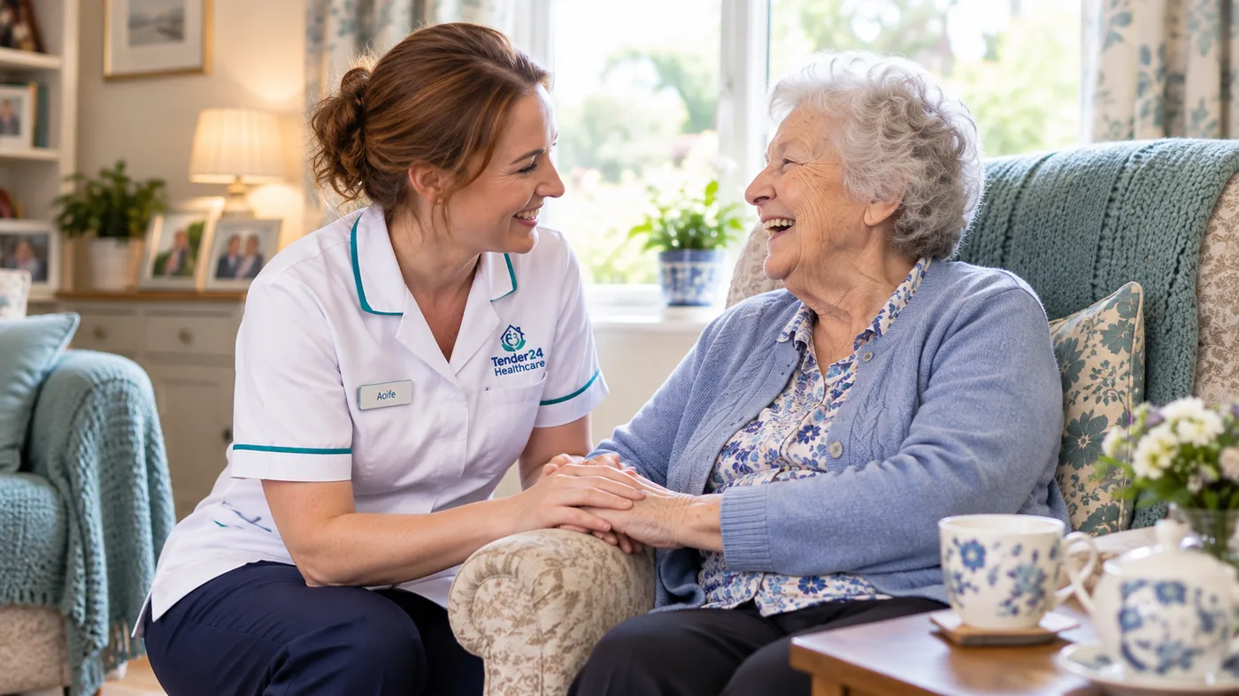 Tender24 Healthcare carer laughing with an elderly woman in her living room