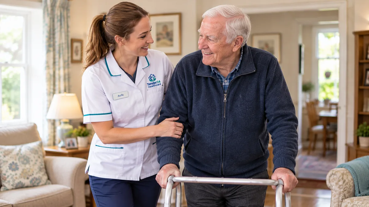 Carer helping an elderly man walk with a walking frame during a home care visit