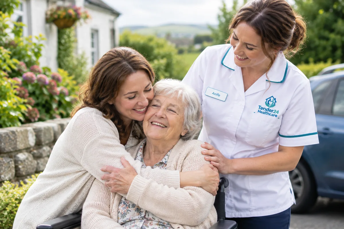Daughter hugging her elderly mother while a Tender24 Healthcare carer looks on, respite support