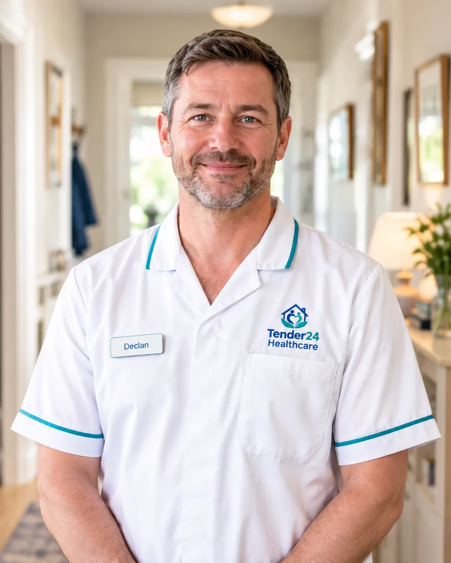 Smiling Tender24 Healthcare carer in uniform standing in a bright family home
